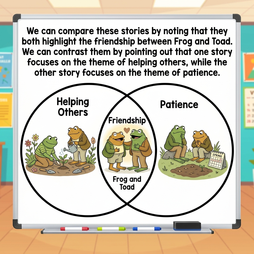 We can compare these stories by noting that they both highlight the friendship between Frog and Toad. We can contrast them.