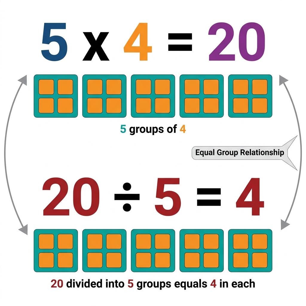 We can express this as 5 times 4 equals 20, or 20 divided by 5 equals 4. Both show the same equal group relationship.