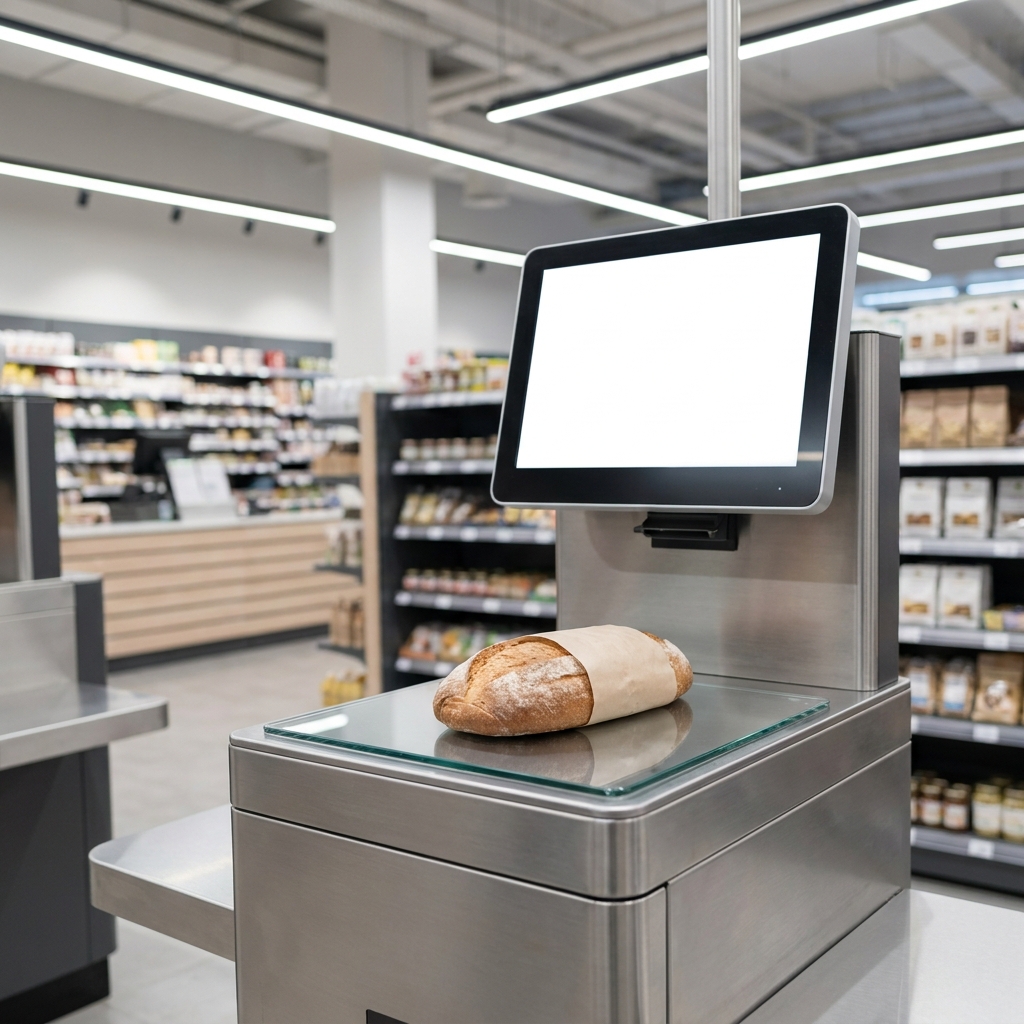 In a store, a self-checkout kiosk acts as a physical system using software to identify items. It uses a scanner to read a.