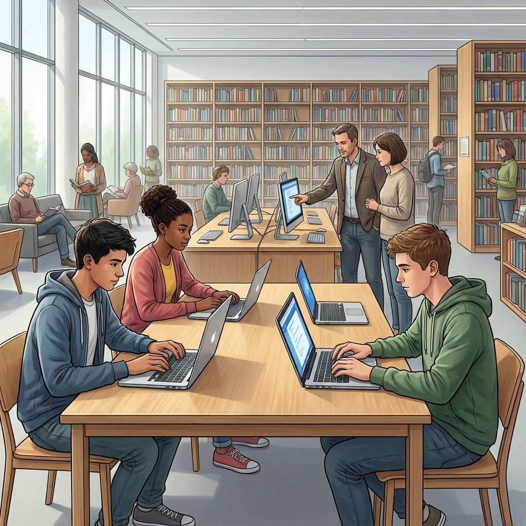 Now we move to urban community access. Libraries often provide internet to people without private home Wi-Fi. This creates a.
