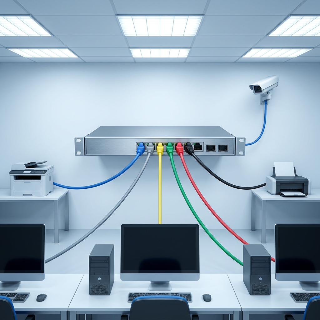 A star topology connects all devices to one central switch. If one cable fails, only that device is disconnected, making it.
