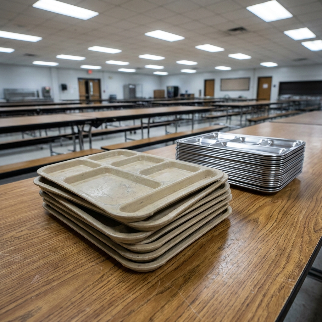 The draft says, 'The school should stop using plastic trays because they are bad for the earth and we should use metal ones.