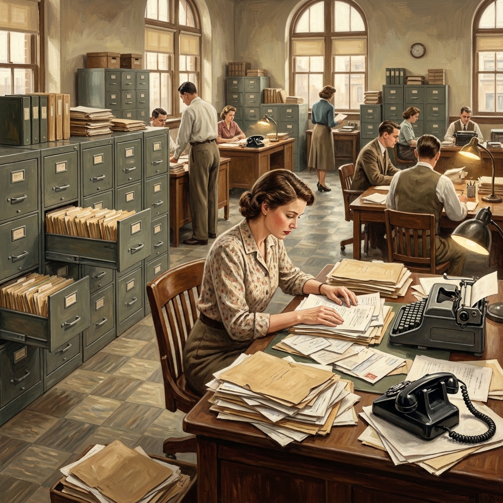 An administrative assistant manages dozens of letters and files to keep the bureaucracy running. This intensive.
