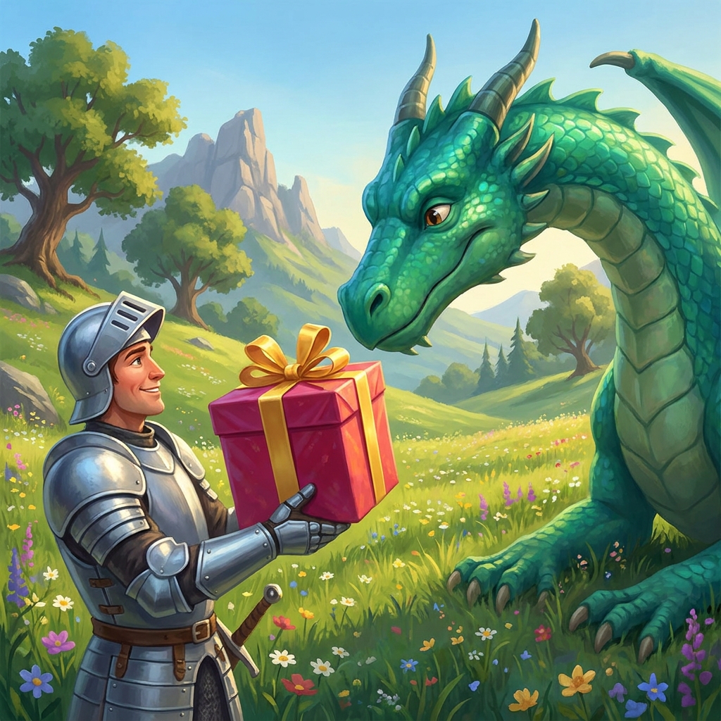 A brave knight faces a dragon and chooses to offer a gift instead of fighting. This is a clear response because the knight.
