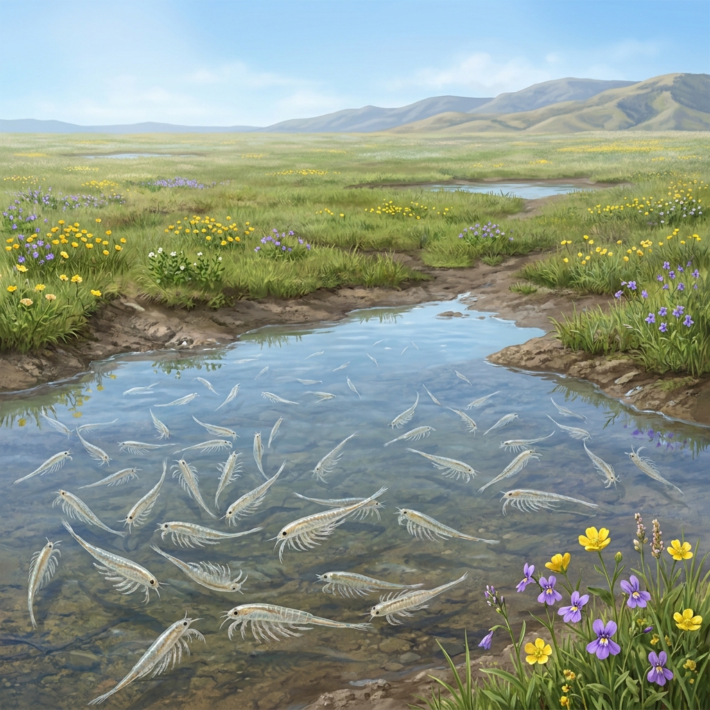 In California vernal pools, fairy shrimp live in temporary ponds. If a drought causes the pool to dry up before the shrimp.