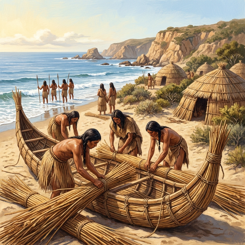 The Chumash people lived along the California coast and used the ocean to catch fish for food. They also used tule reeds.