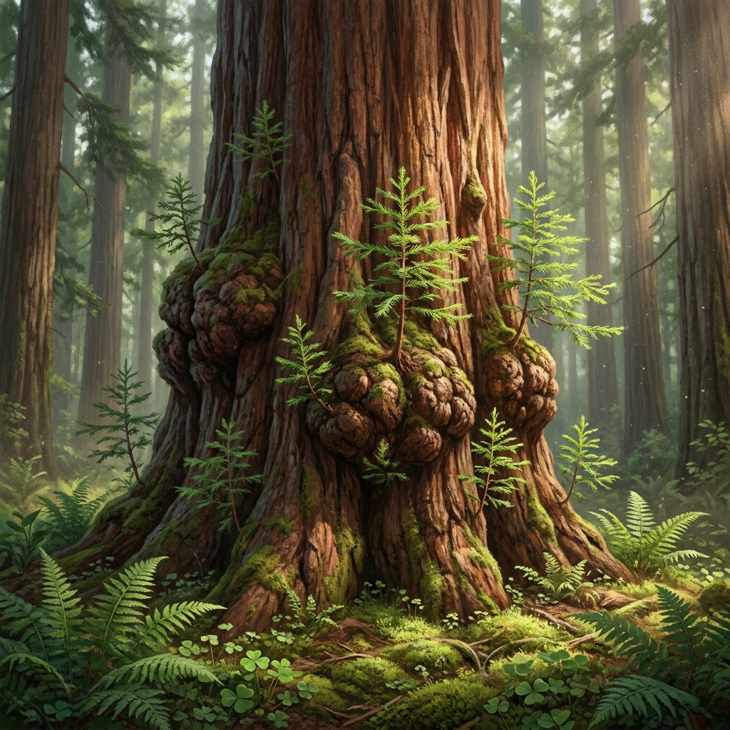 Redwood trees can sprout new trees from burls at their base. These sprouts are clones of the parent tree. Because they come.