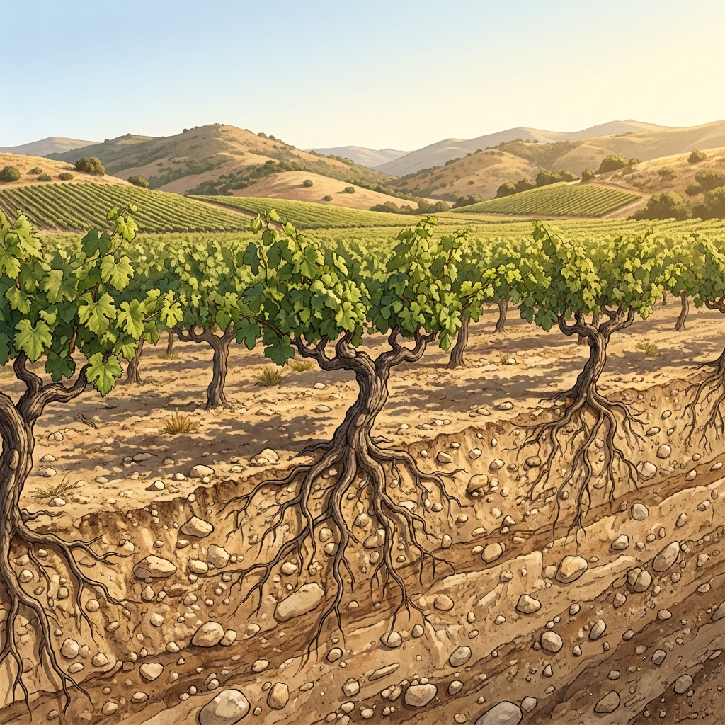 In Napa Valley, grapevines are often grown in soil that is rocky and dry. This environment forces the vines to grow deep.