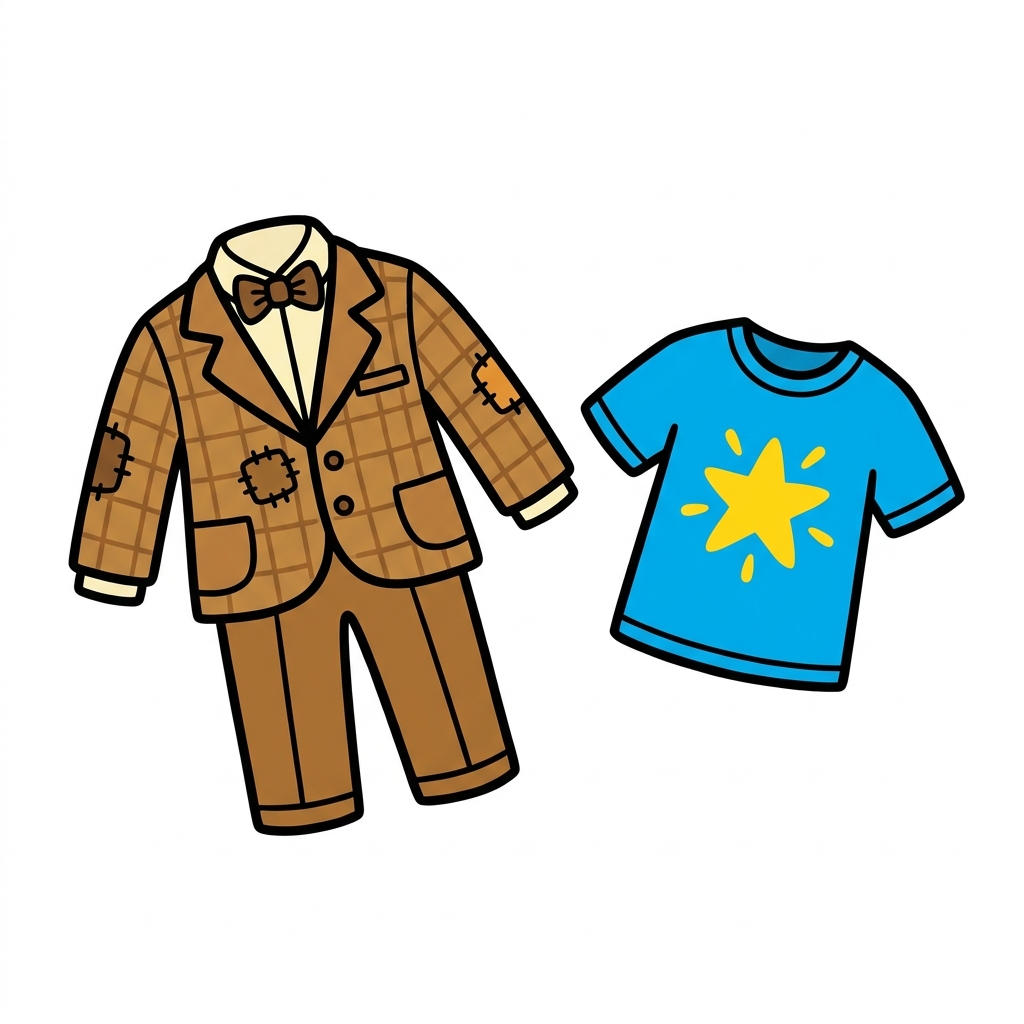 Let us look at these clothes. Point to the clothes from long ago. Now point to the clothes we wear now. Both help us work.