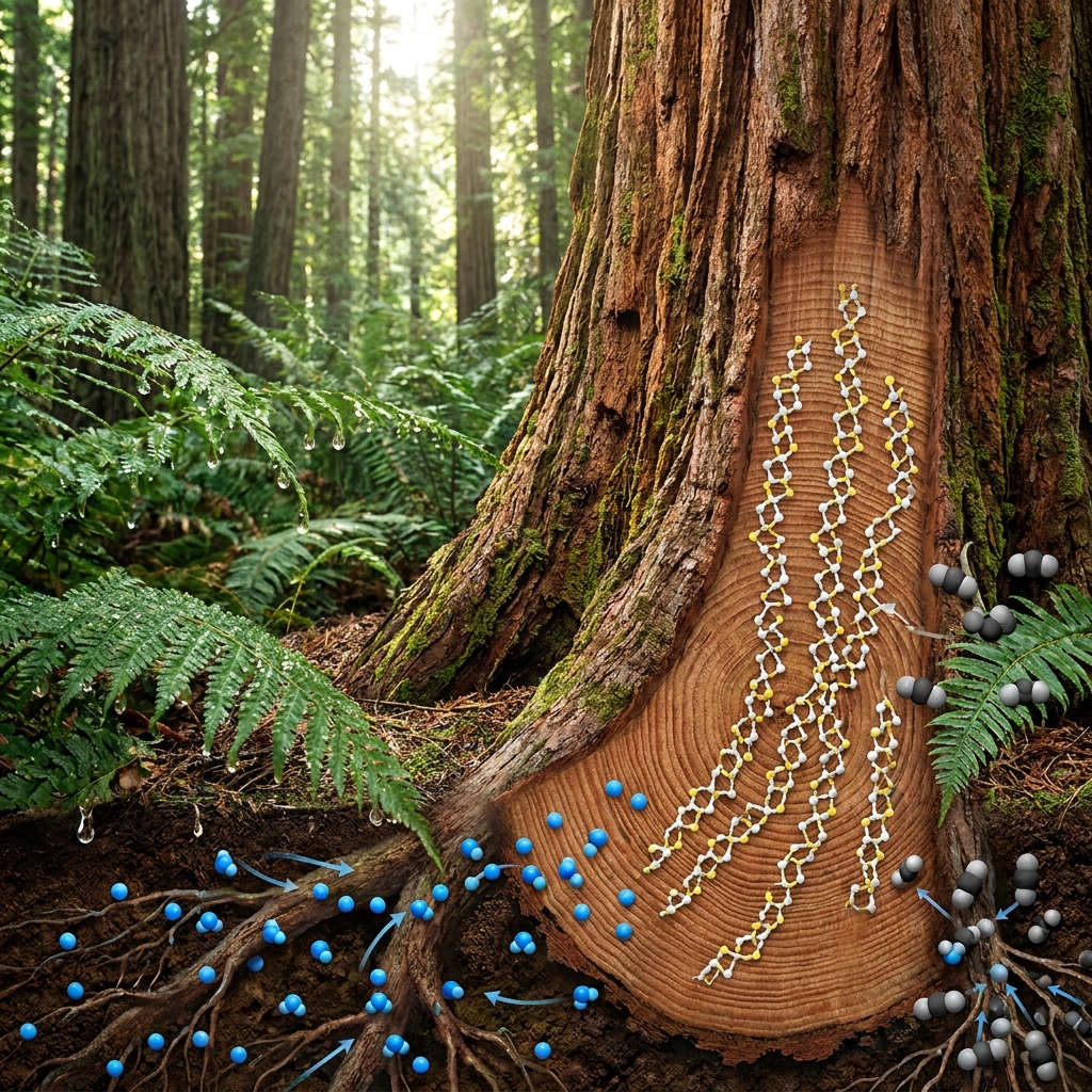 A redwood tree grows by taking in carbon dioxide and water to build wood. This is a chemical reaction because it rearranges.