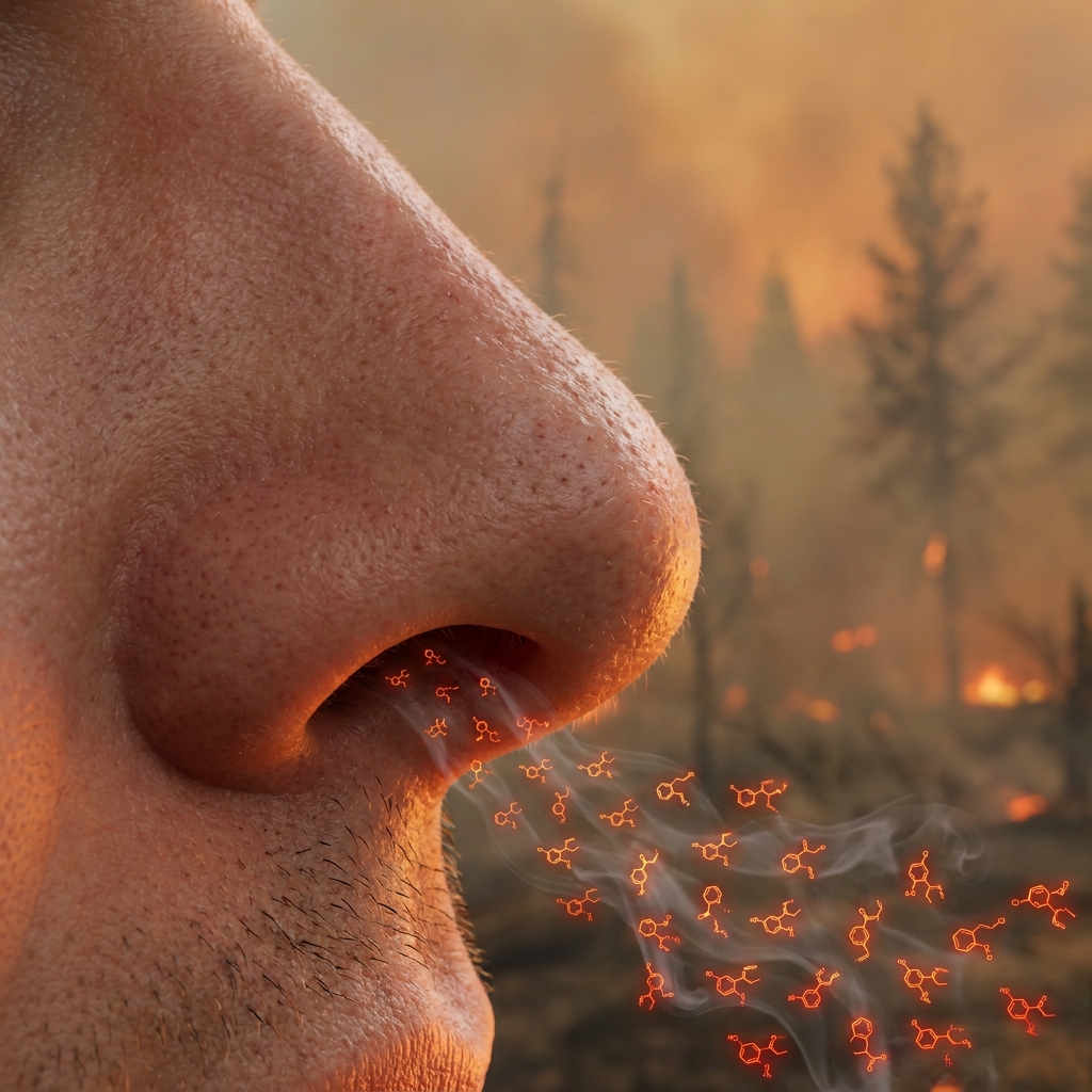 In a wildfire zone, smoke contains chemicals that act as a stimulus. Your nose contains sensory receptors that detect these.