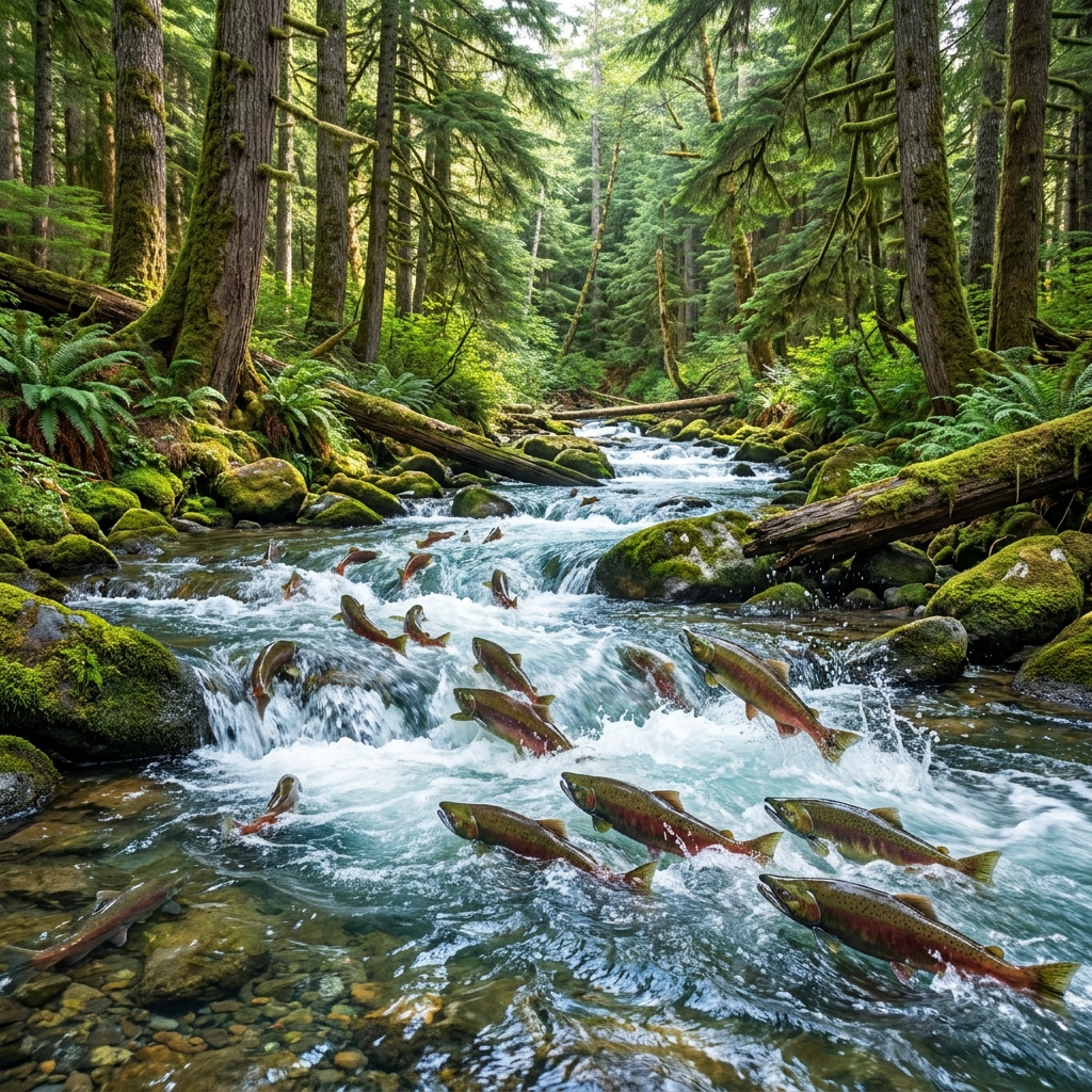 In a mountain stream, salmon swim upstream to lay eggs. When they die, their bodies provide nutrients to the forest. This is.