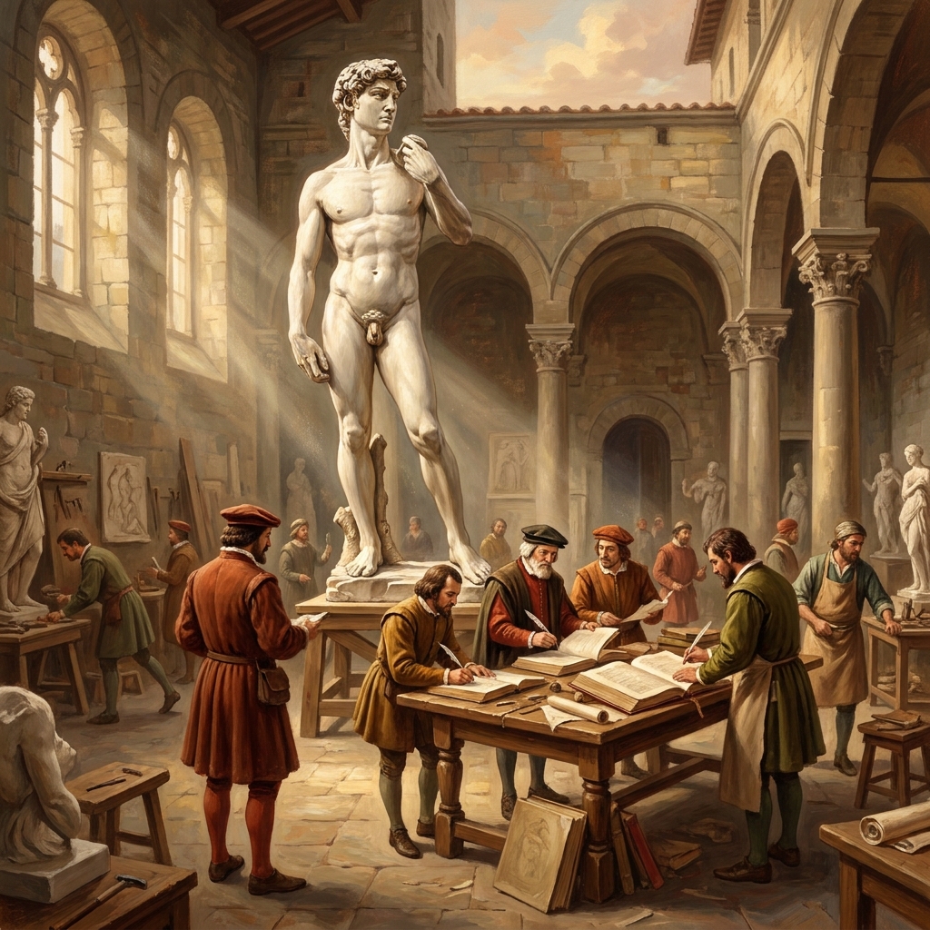 Michelangelo's statue of David is a great example. It shows the human body with perfect detail, which celebrates human.