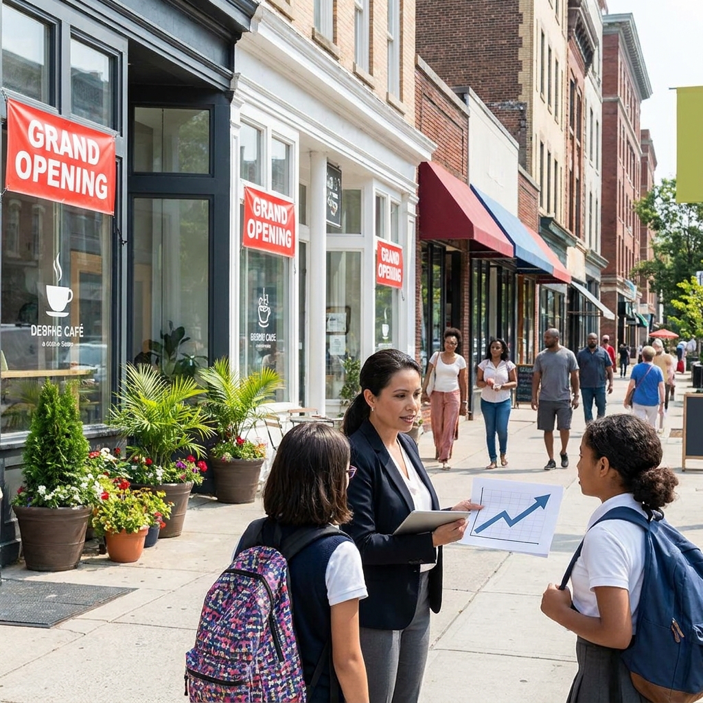 An expert interview transcript says, 'We have seen a ten percent rise in local small businesses this year.' A data table.