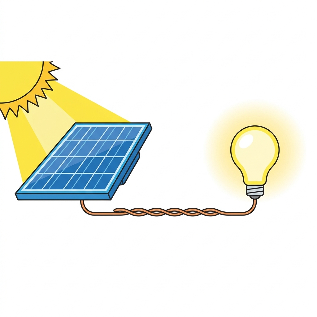 Solar cells convert sunlight into electrical energy. First, sunlight hits the solar cell, then the cell processes that.