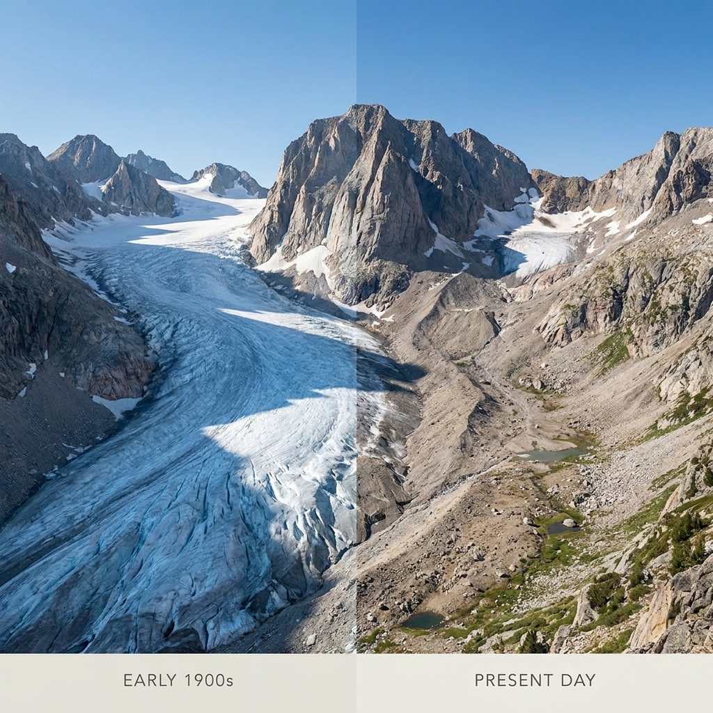 In the Sierra Nevada mountains, the Lyell Glacier has been shrinking for many years. By comparing old photographs from the.