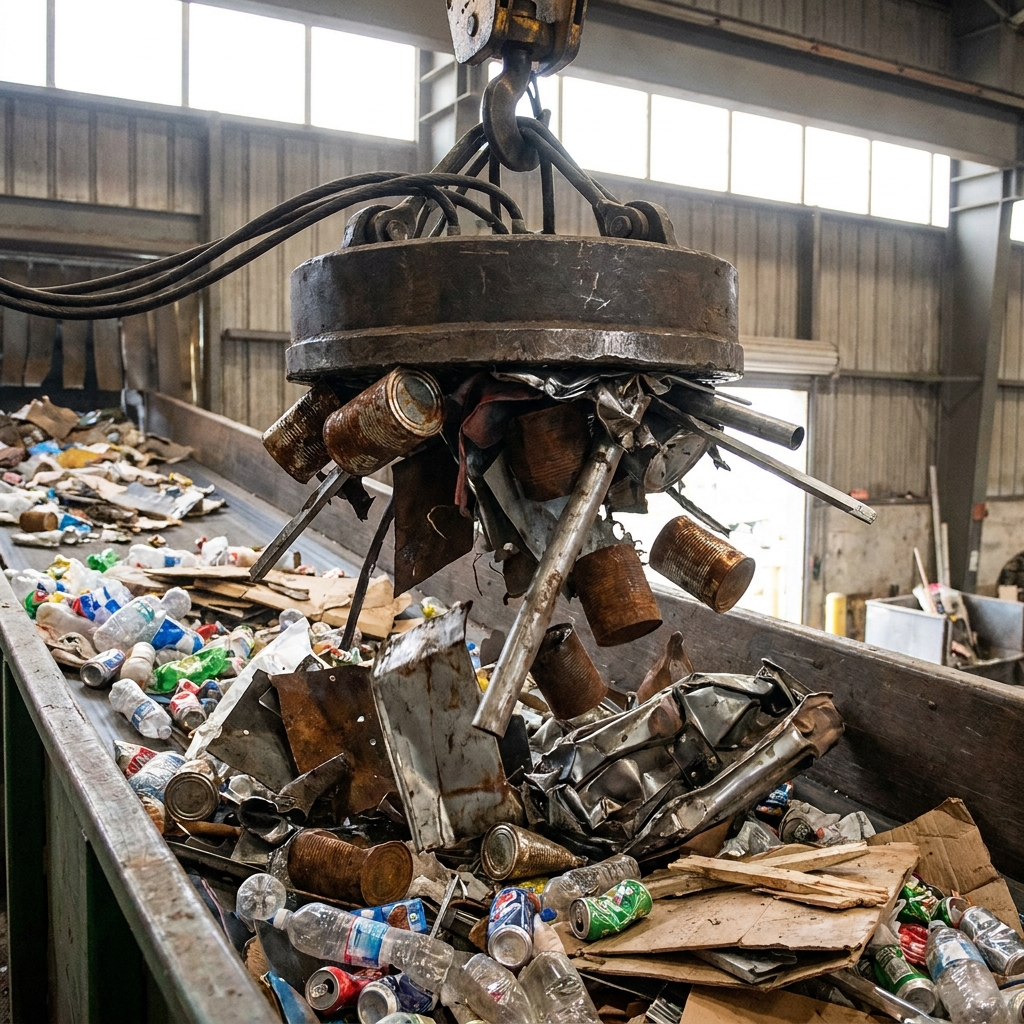 In a recycling facility, large magnets are used to sort scrap metal. The magnet moves over a pile of mixed materials, and.