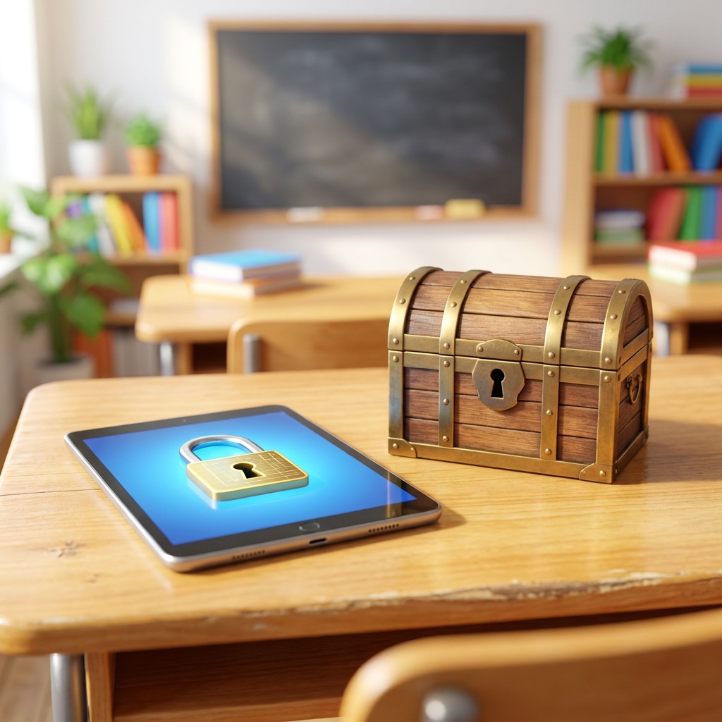 Let us look at the login. It is your secret key. We keep it private so our work stays safe. Can you point to the tablet?