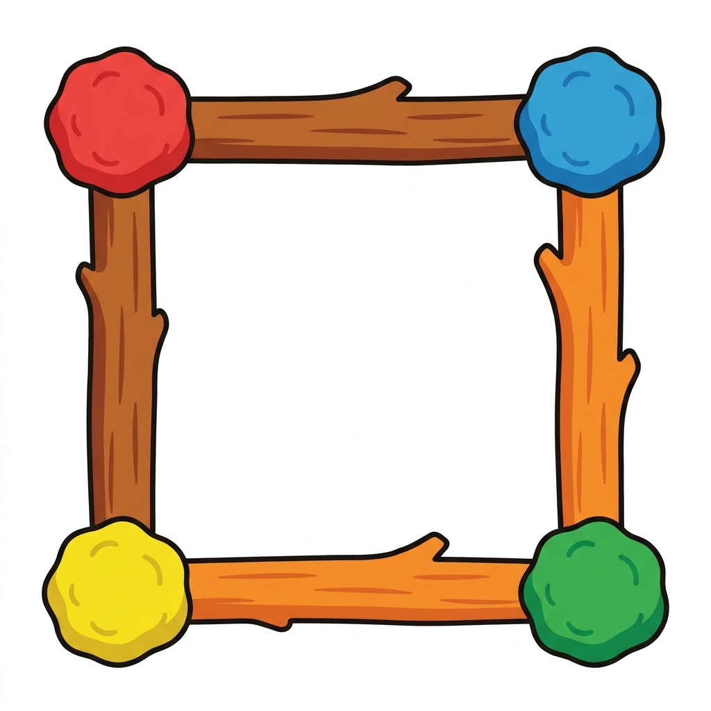 Let us build a square together. Touch the sticks to make the sides. Touch the clay balls to make the corners. We made a.