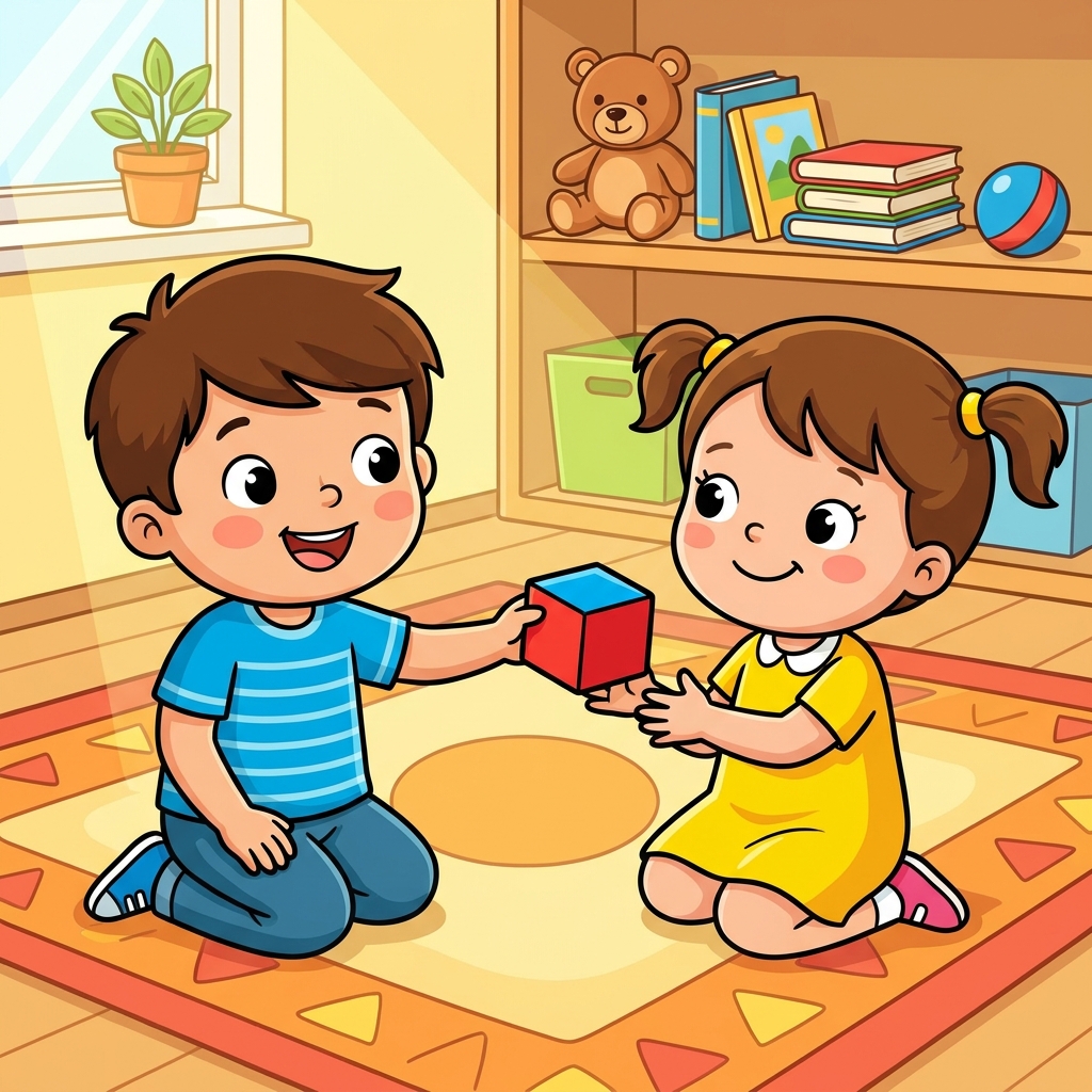 A friend is someone who is kind. Friends share toys. Look at these two friends. One friend gives a car to the other. That is.