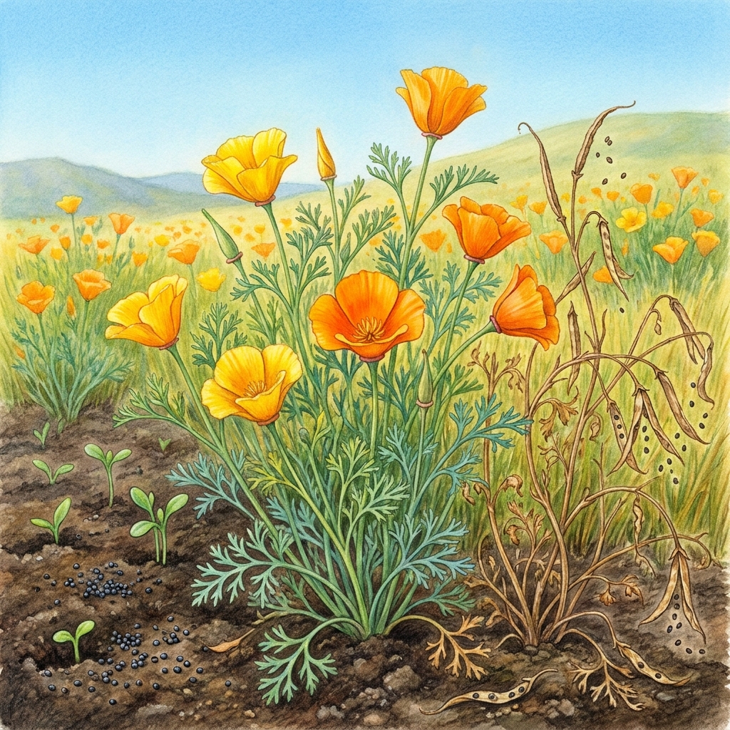 The California Poppy is a flower that grows in the spring. It starts as a seed, grows into a plant, makes flowers and seeds.