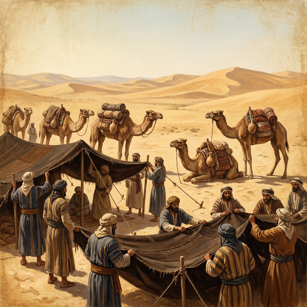 Bedouin people live in tents in the desert. They move their homes frequently to find new grazing land for their camels. This.