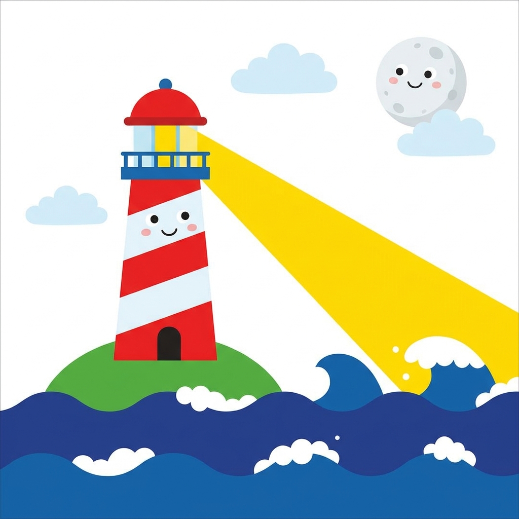 Look at the lighthouse. The light spins around and around. It tells ships where to go. It tells ships to stay away from.