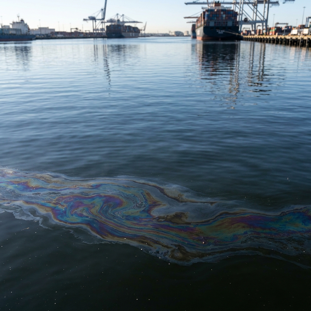 At a California port, thin films of oil on water create shimmering rainbow colors. This happens because light waves reflect.