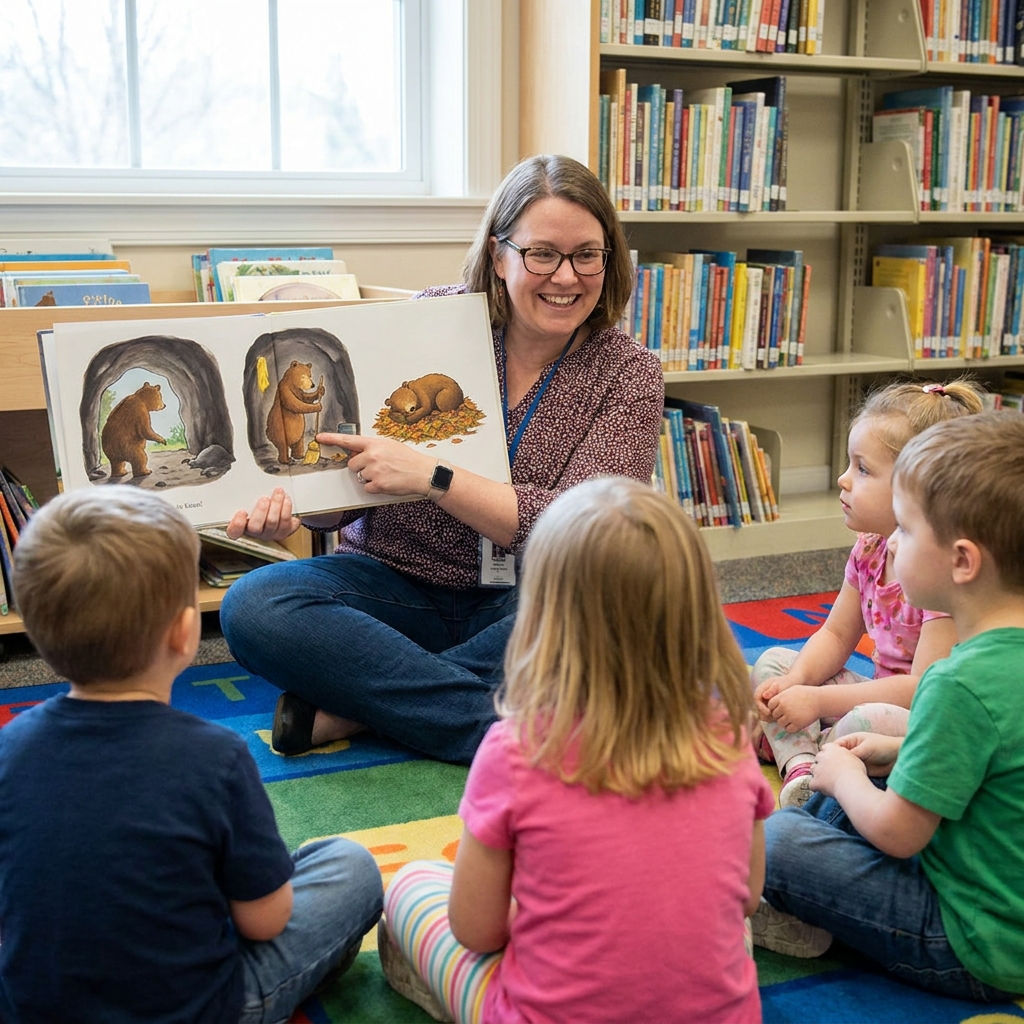 A librarian reads a story. She says, 'The bear found a cave, cleaned it out, and slept all winter.' This shows a clear.