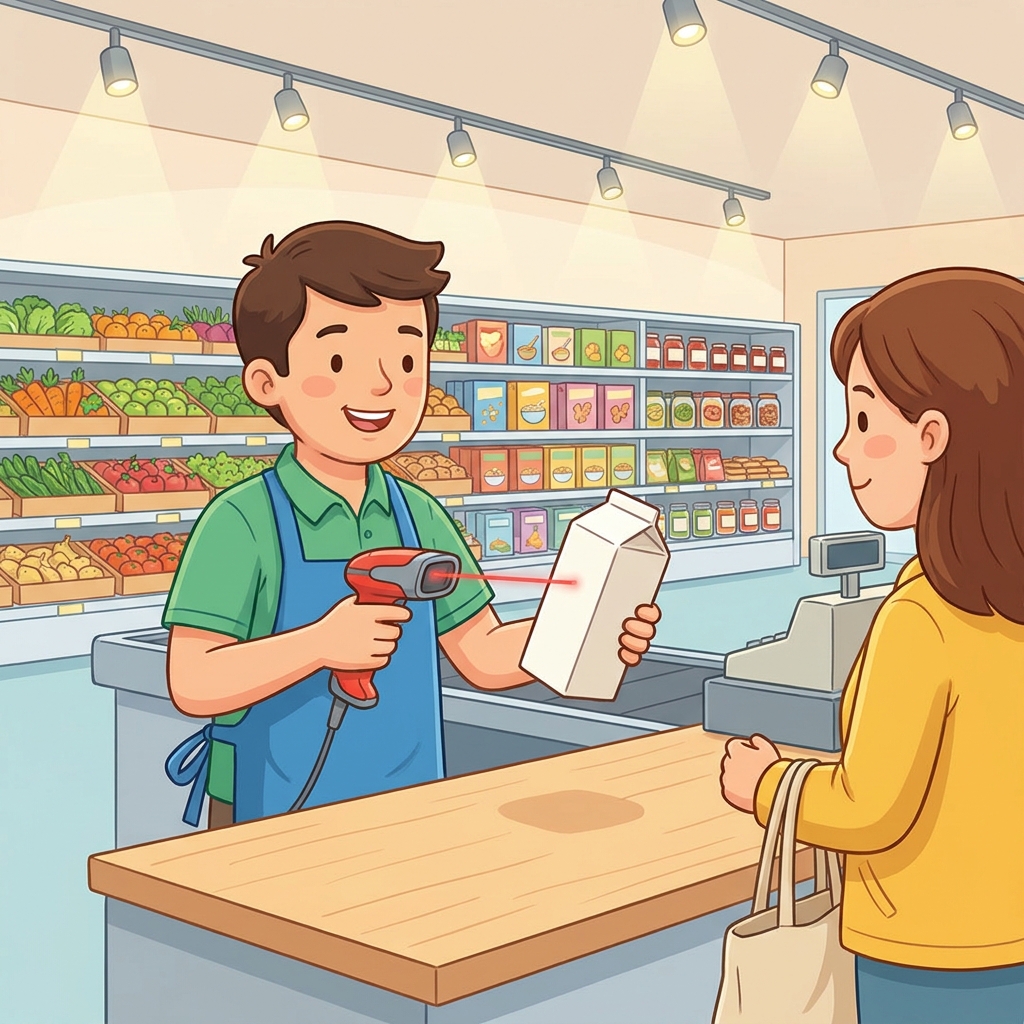 A grocery clerk used to type prices into a manual register. Now, they use a barcode scanner. The scanner reads the digital.