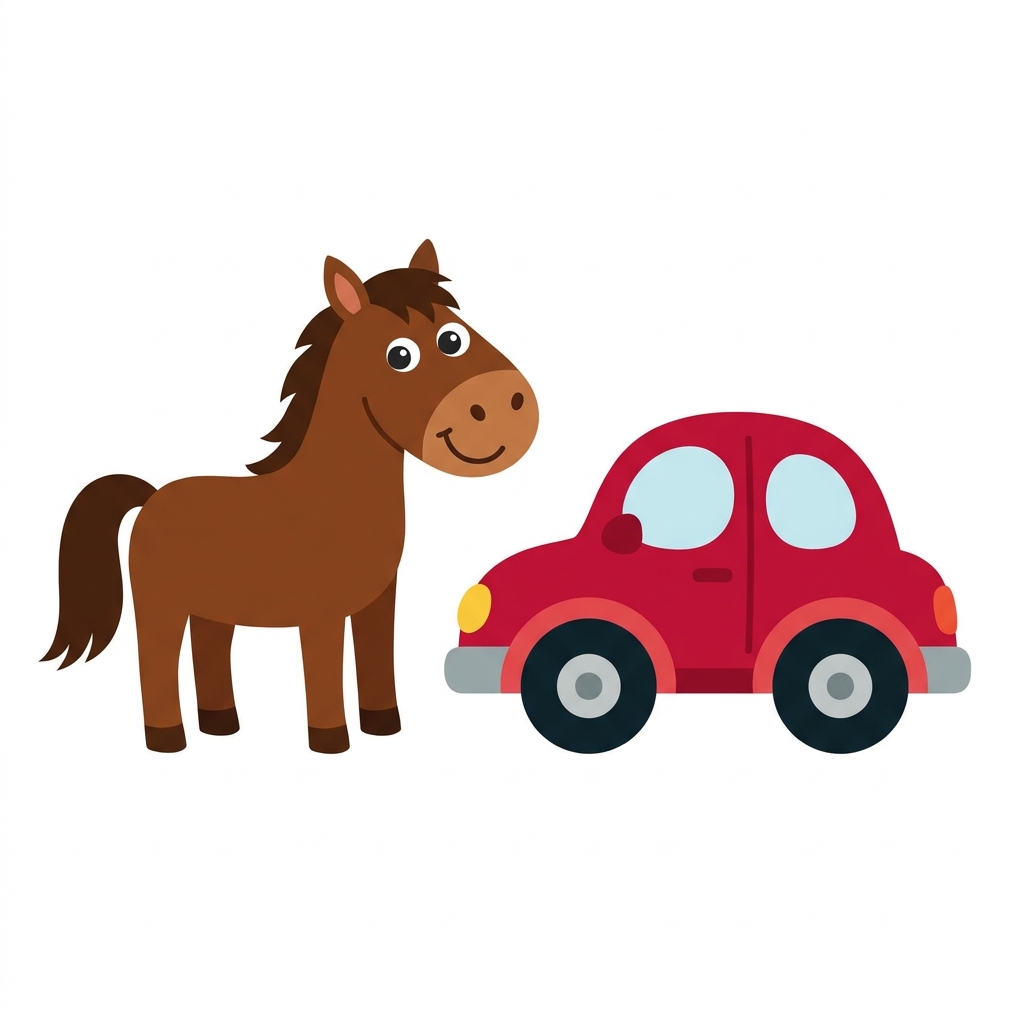 Let's look at the horse and the car. The horse is how people moved long ago. The car is how we move now. Both help us go.