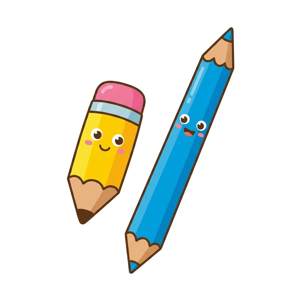 Let us look at the pencils. The blue one is longer. The yellow one is shorter.