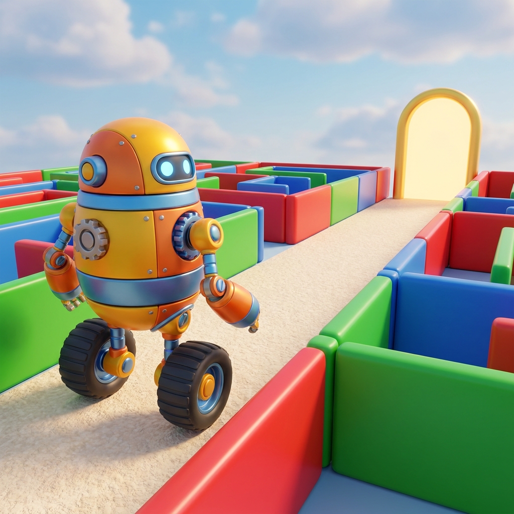 Example 1: A robot in a maze. The goal is the finish line. The steps are: move forward 3 times, turn right, move forward 2.