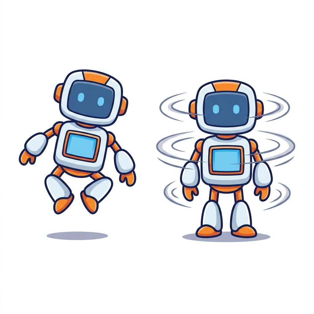 A program tells a robot what to do. First, the robot hops. Then, it spins. We put them in order to make a program.