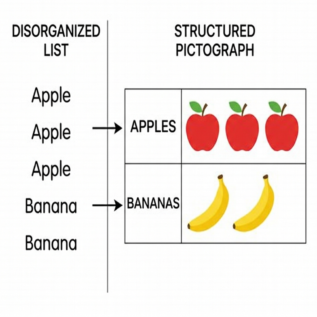 A list of fruit names without numbers does not show how many items are in each group. To make the information clear, we add.