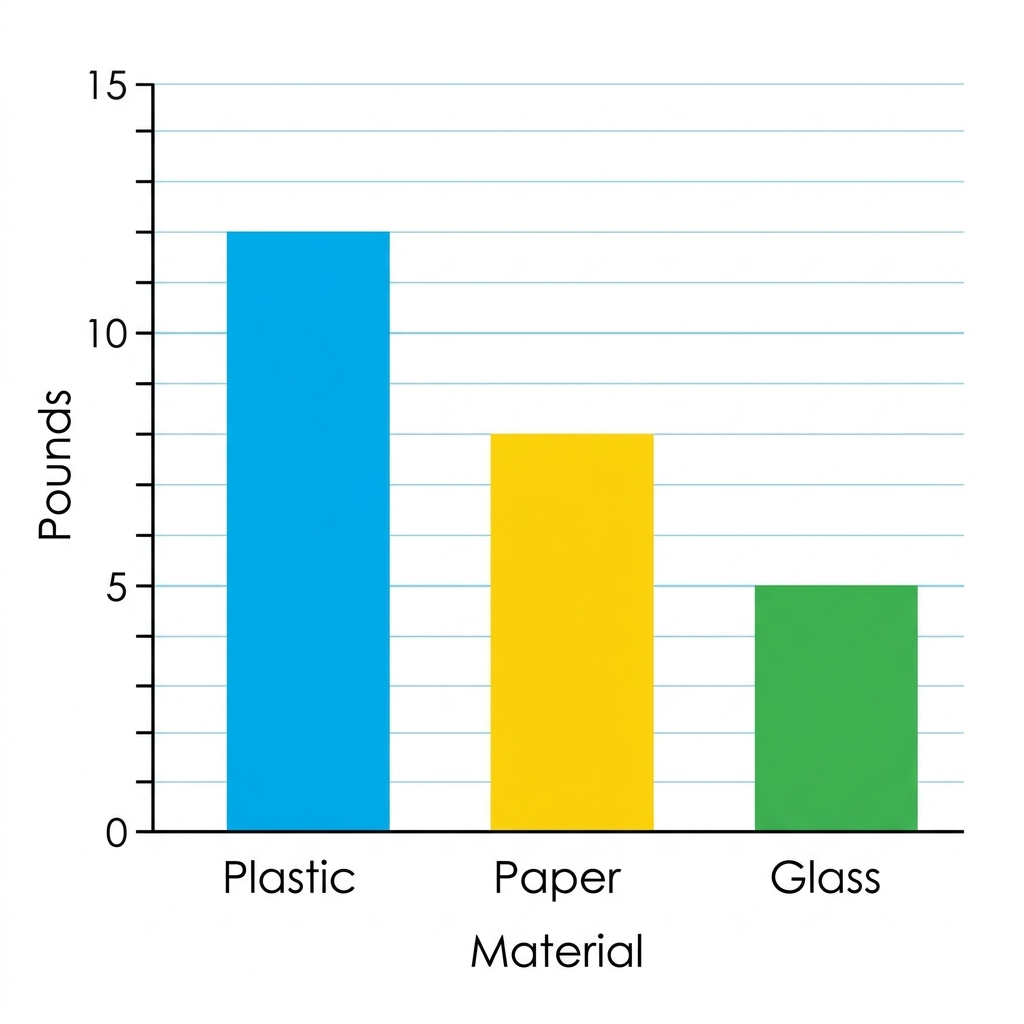 A bar graph compares amounts by using bars of different heights to represent totals. When a school recycles 12 pounds of.