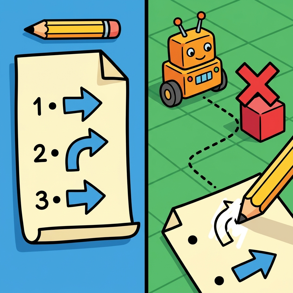 To build a robot, we first make a plan. A plan helps us know what to do. I draw a box for the body and circles for wheels.