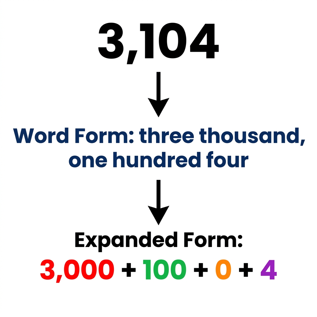 Another example is 3,104. In word form, it is three thousand, one hundred four. In expanded form, it is 3,000 + 100 + 0 + 4.