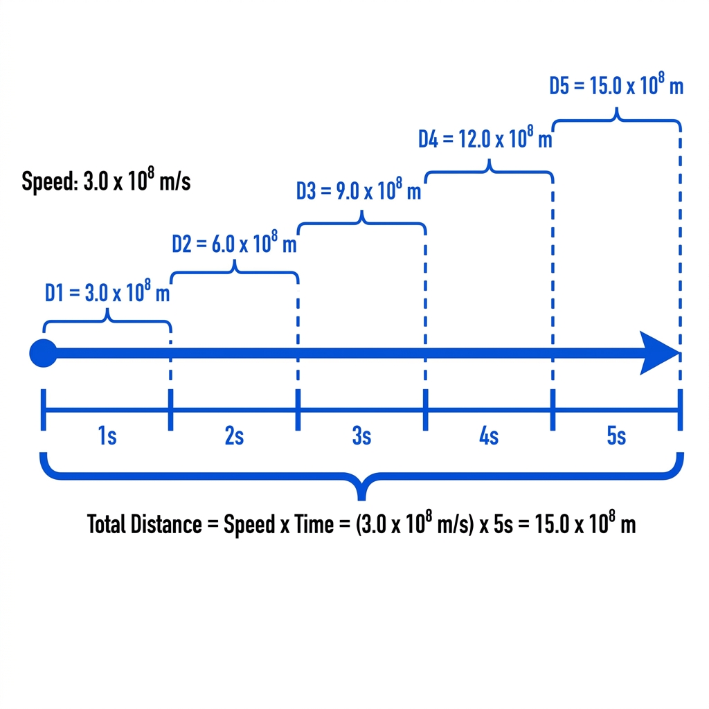 Light travels at 3.0 times 10 to the power of 8 meters per second. Let's figure out how far light travels in 5 seconds.