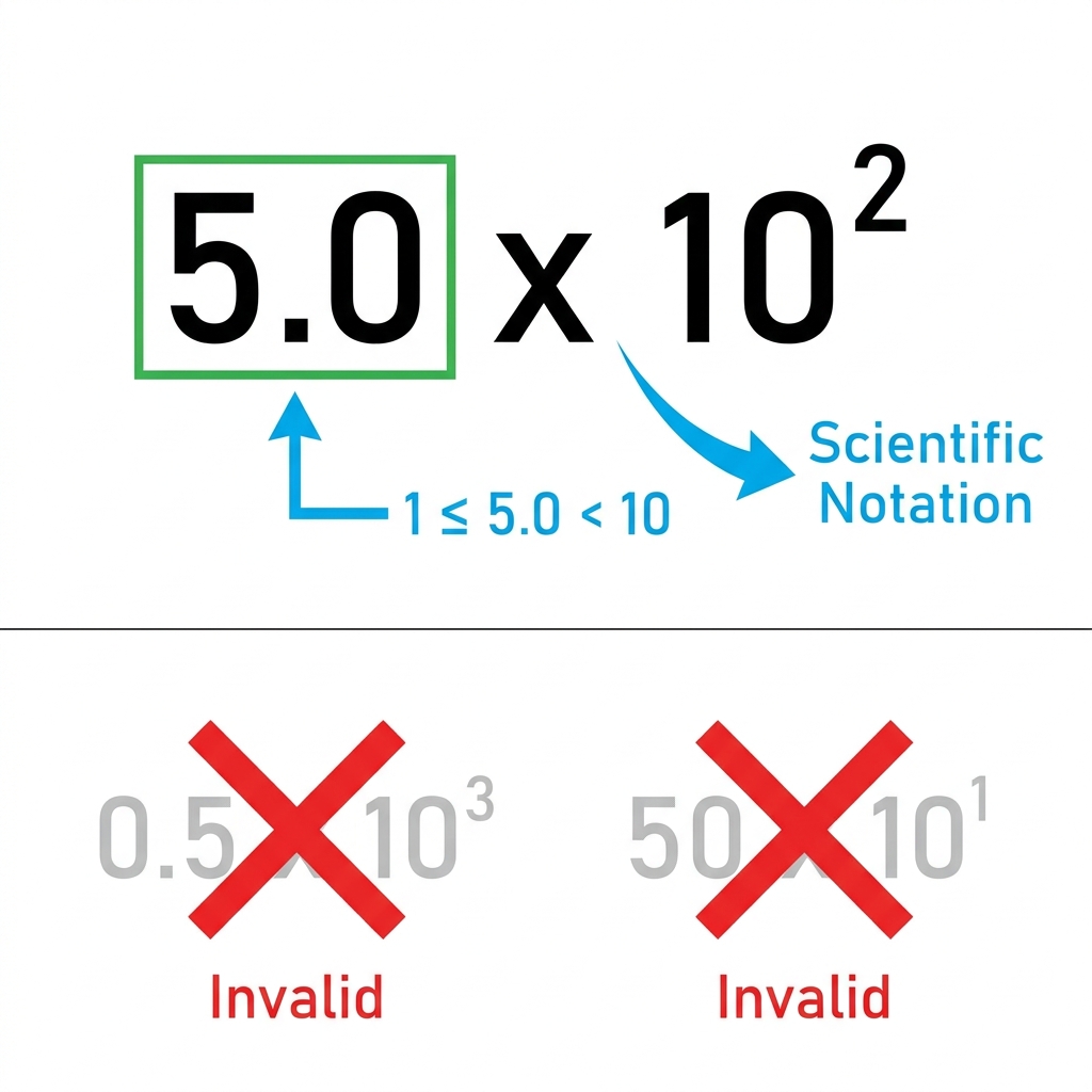 5.0 times 10 to the power of 2 is scientific notation because 5.0 is between 1 and 10, and it is multiplied by a power of 10.