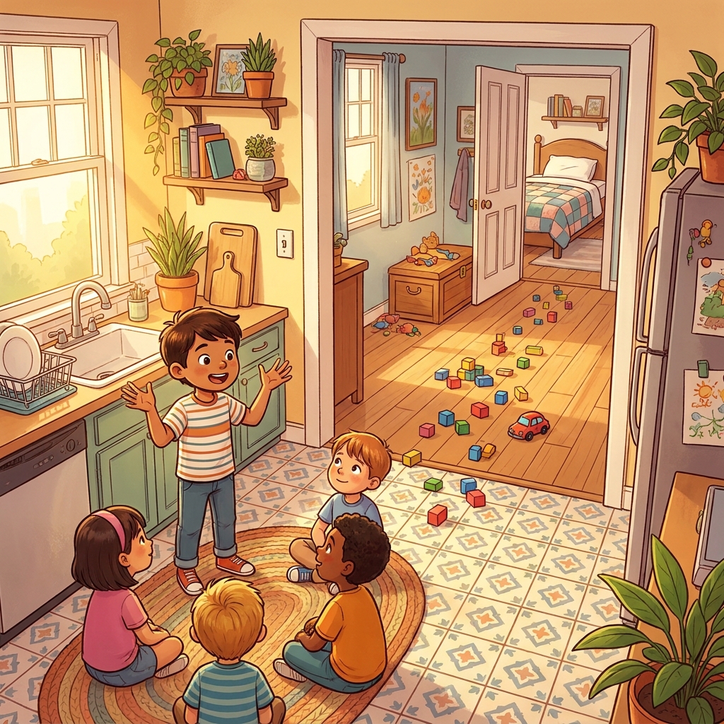 A student tells a story about losing a toy in their house. To help the listener, the student describes the path they took.
