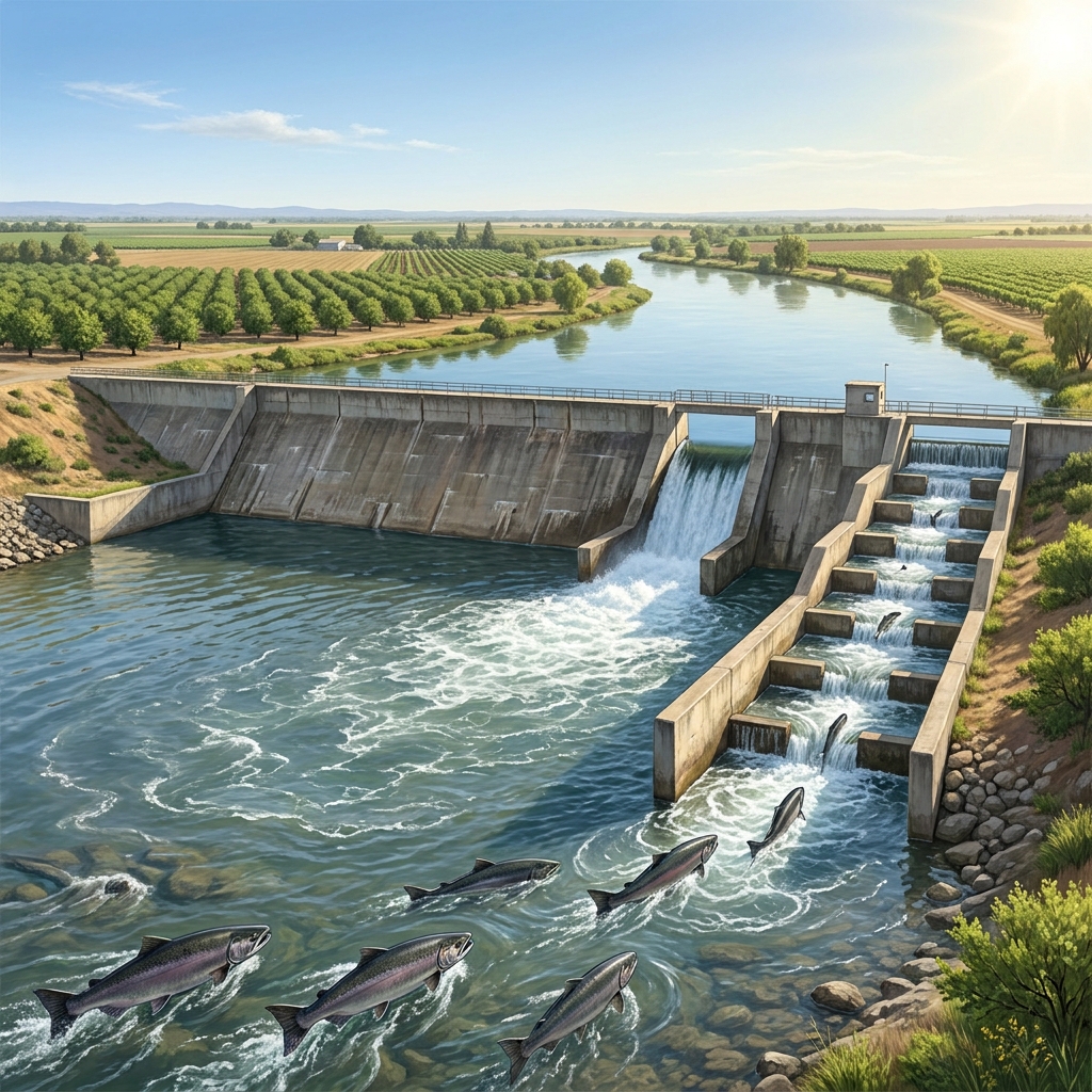 In some California rivers, dams are built to store water for farms. If we build a dam, we can provide water for crops, but.