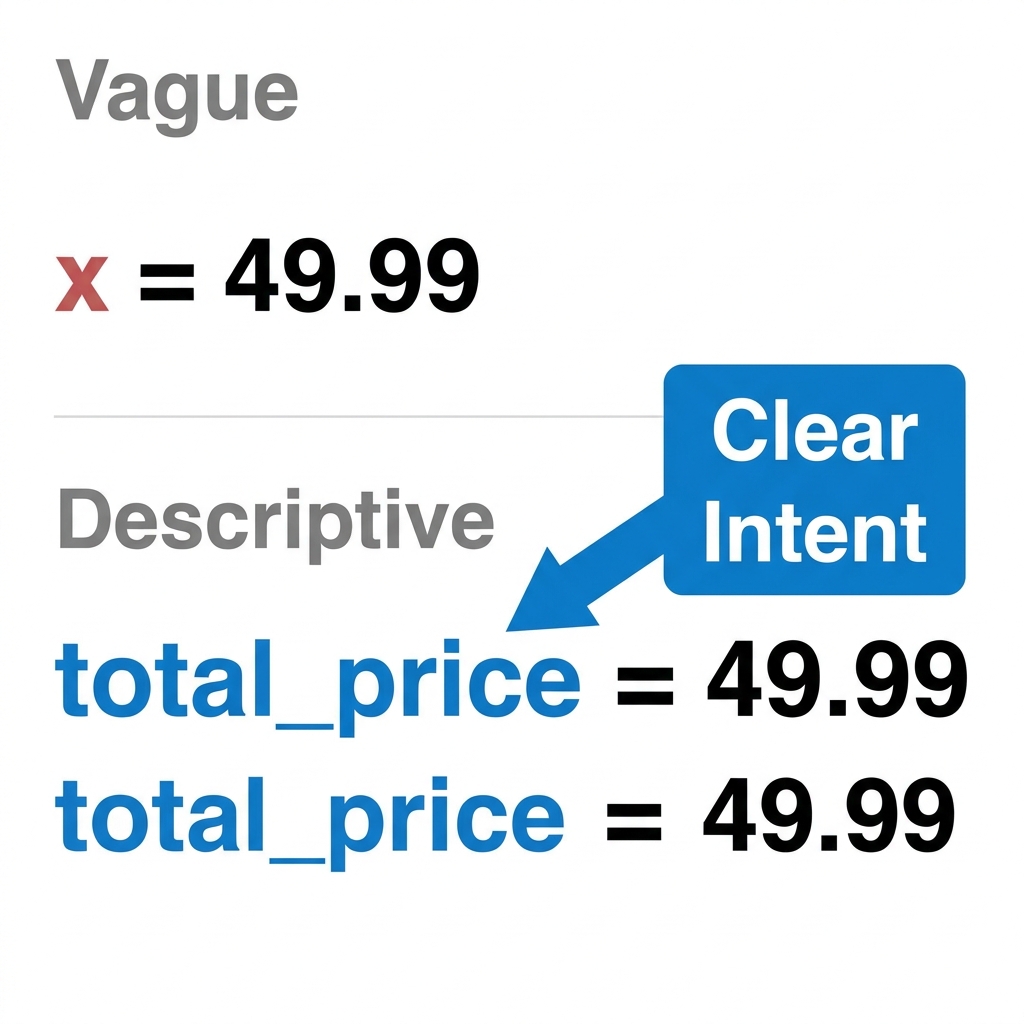 In an e-commerce store, we use names like total_price to store the cost of an order. This name clearly tells us that the.