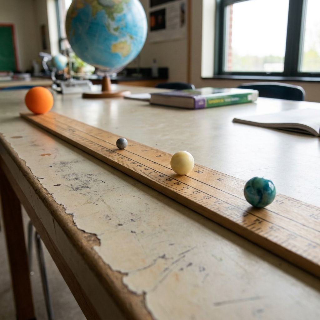 Imagine a model of the inner planets. If we represent Mercury, Venus, and Earth as small beads, we can place them at.