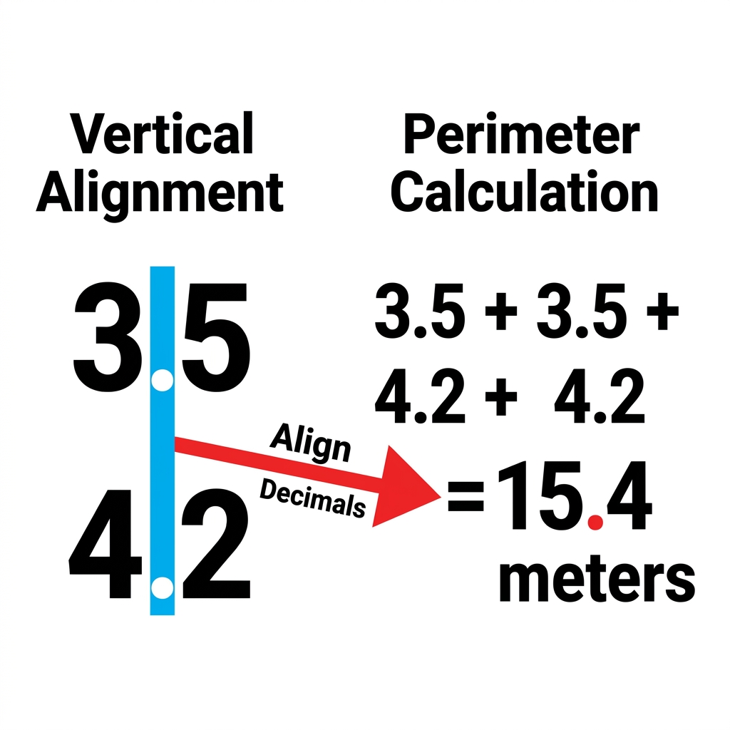 To find the perimeter, we write 3.5 and 4.2 vertically, lining up the decimal points so the tenths places are aligned.