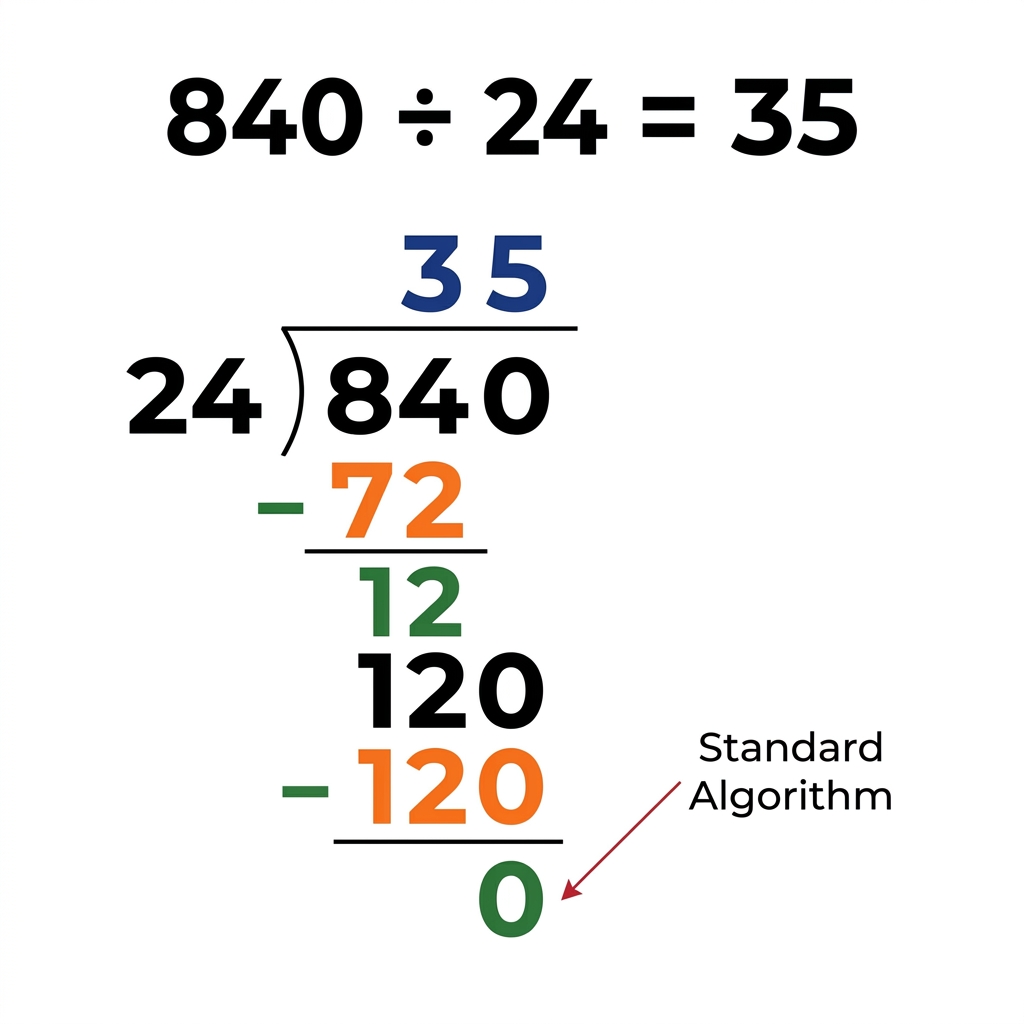 When we divide 840 by 24, we use the standard algorithm to find the quotient is 35. This is an example of the standard.