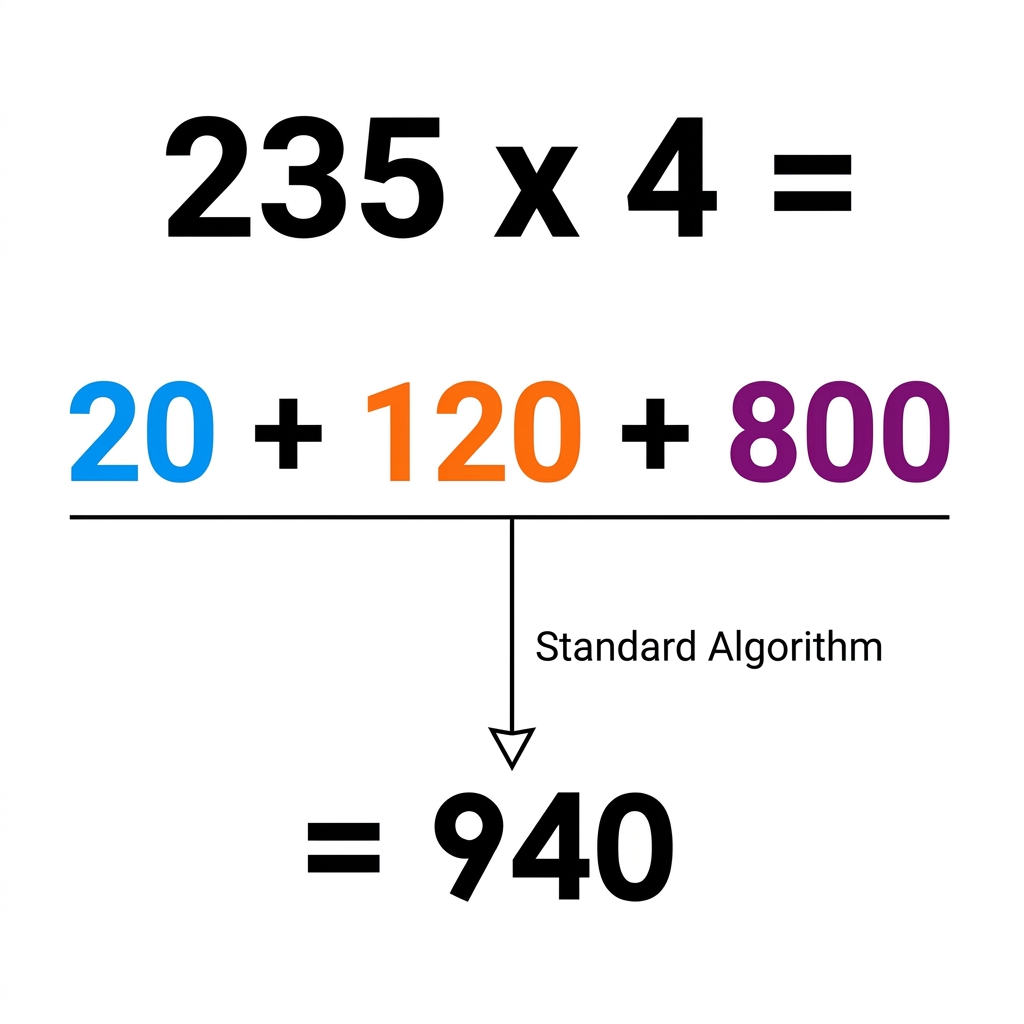 For 235 times 4, we multiply 4 by 5, 4 by 30, and 4 by 200. We can write this as 20 plus 120 plus 800, which equals 940.