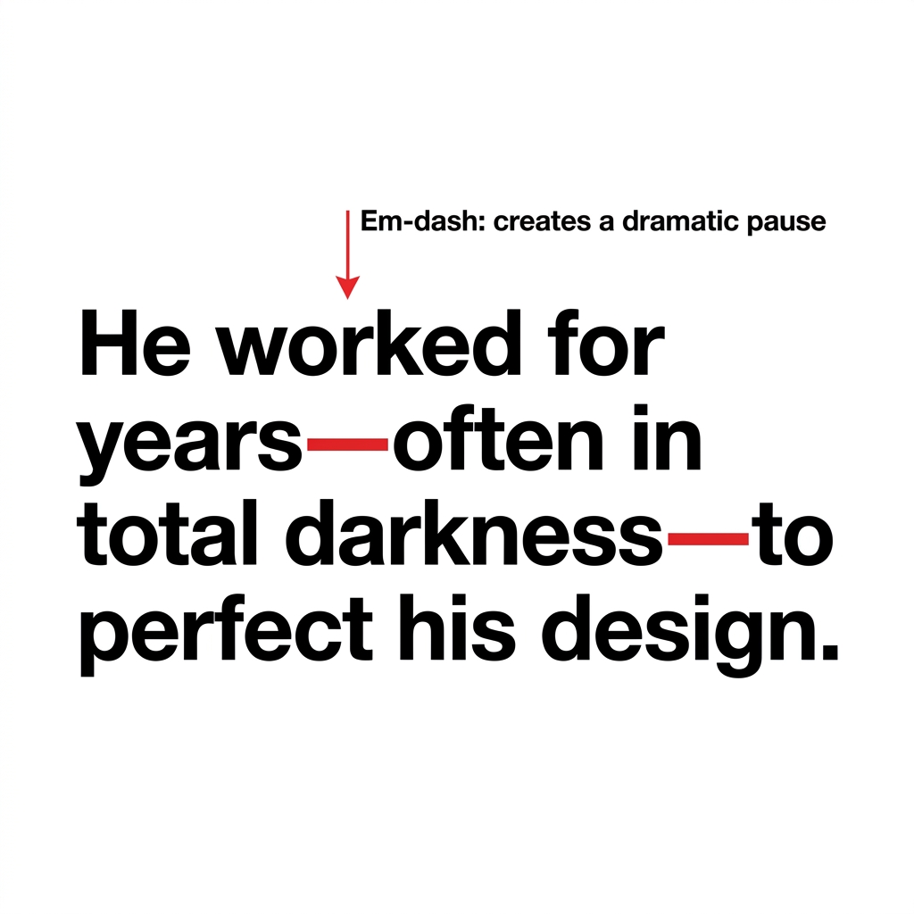 In a biography of an inventor, a writer might say: 'He worked for years, often in total darkness, to perfect his design.'.