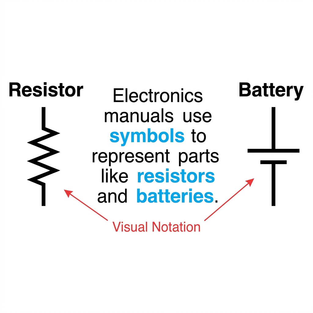 Electronics manuals use symbols to represent parts like resistors and batteries. The text explains how these parts work.