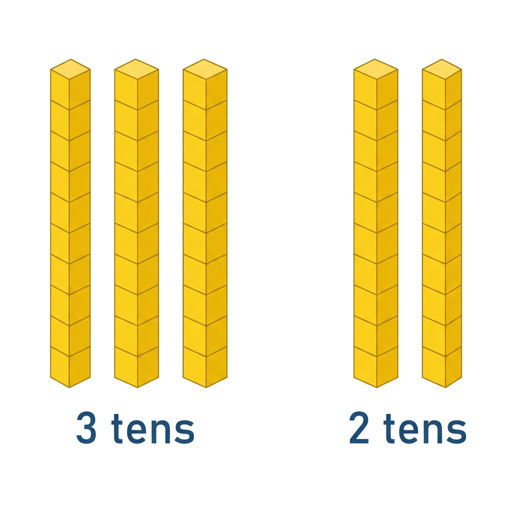 Look at these two groups of blocks. This side has three tens. This side has two tens. Three tens is more than two tens. So.